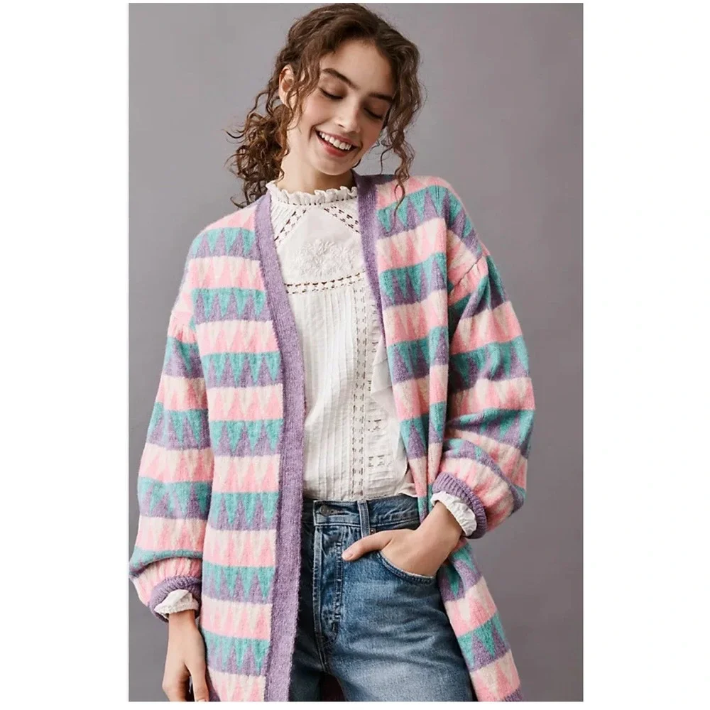 Anthropologie Maeve Alicia Argyle Long Cardigan Lg Open‎ Sweater Pink Purple B15